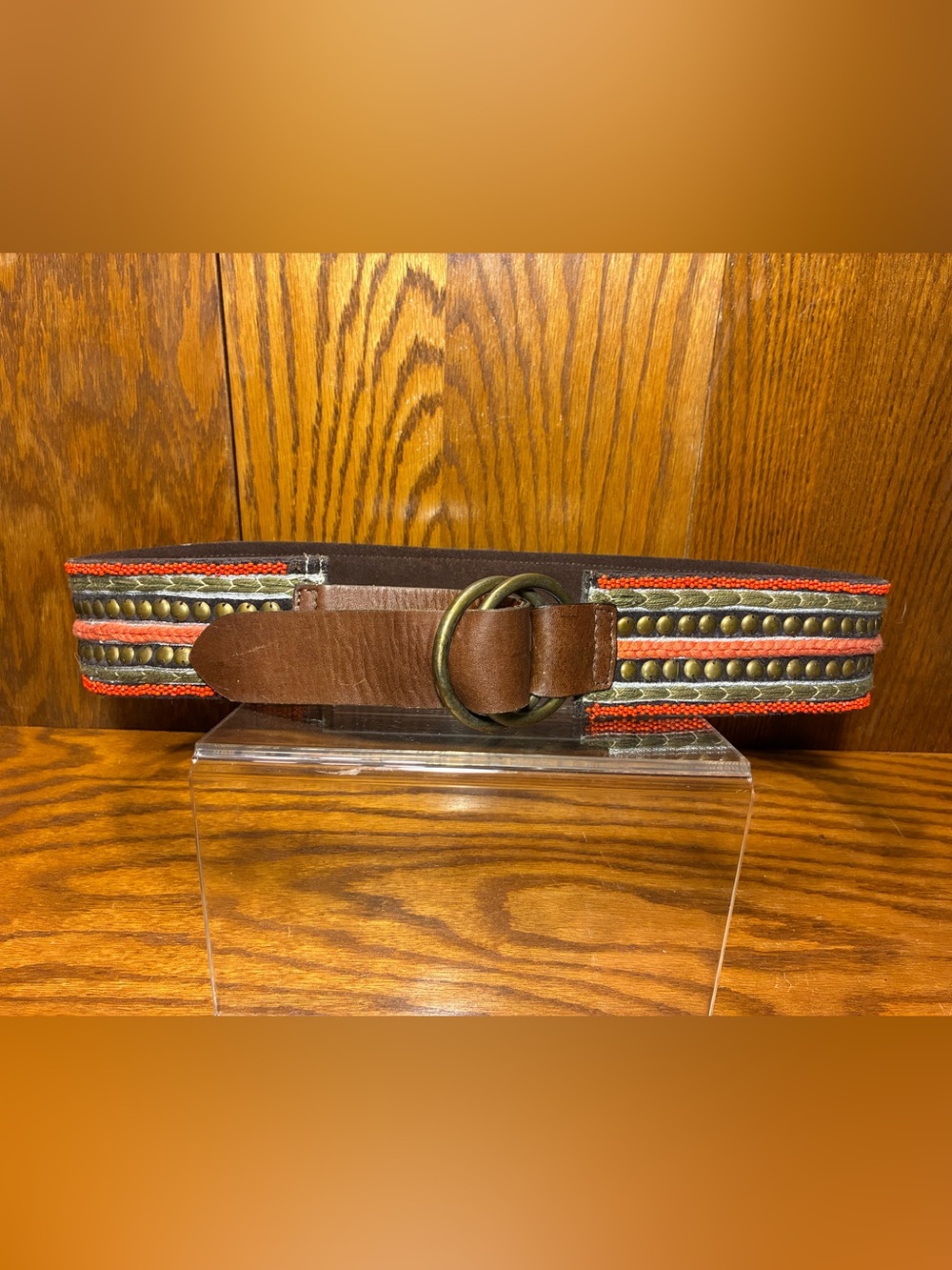 Y2K VTG Lucky Brand Embellished Leather Wide O-Ring Belt Brown Size 34”